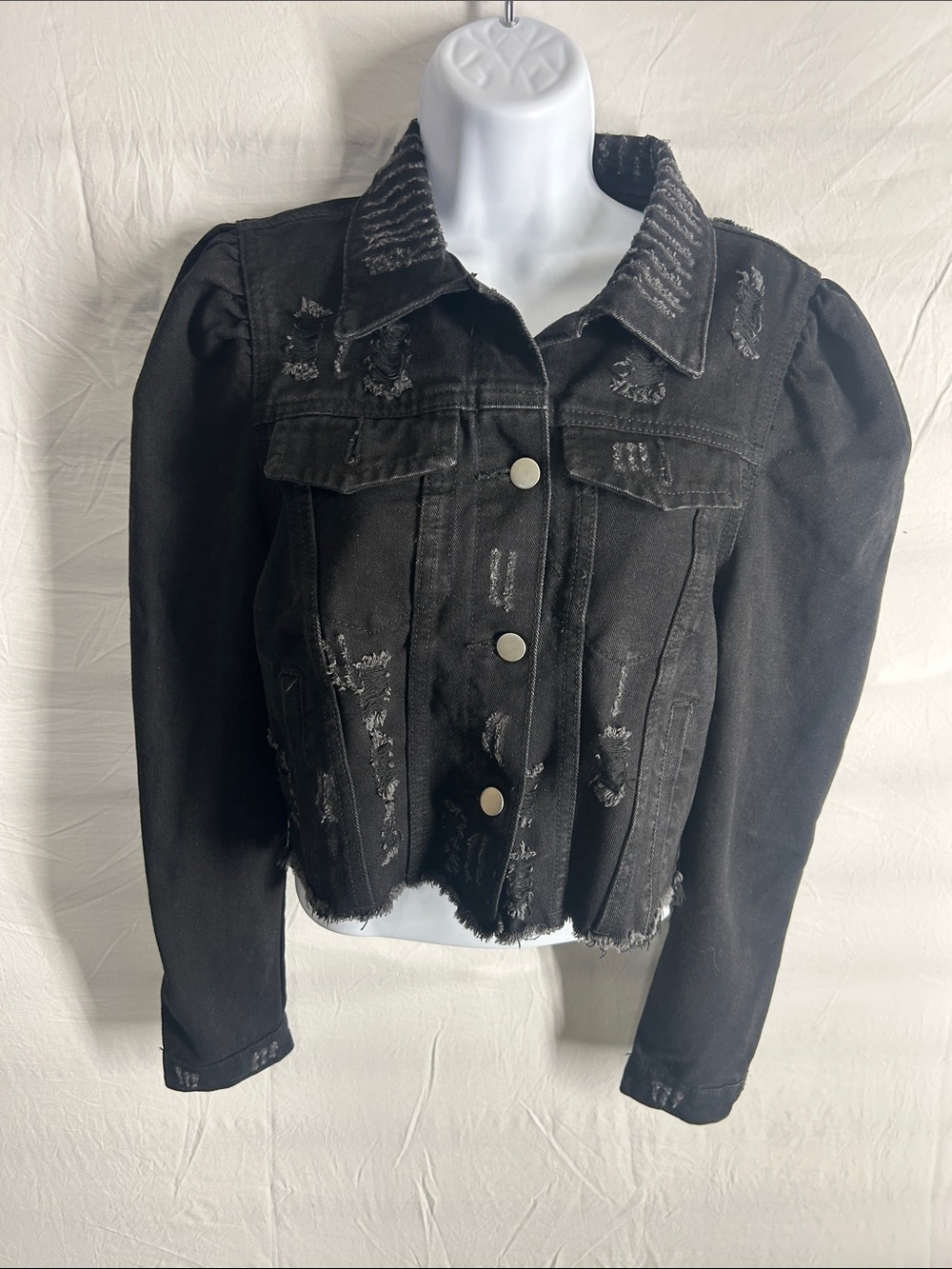 Fashion to Figure Black Distressed Puff Shoulder Denim Jacket